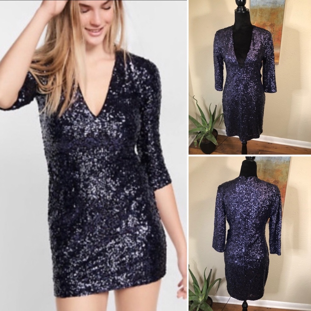 Express Sequin 3/4 Sleeve Navy Holiday Dress 8